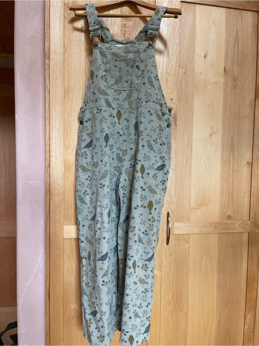 Sm Wardrobe Sage Green Bird-Print Cotton Overalls Jumpsuit